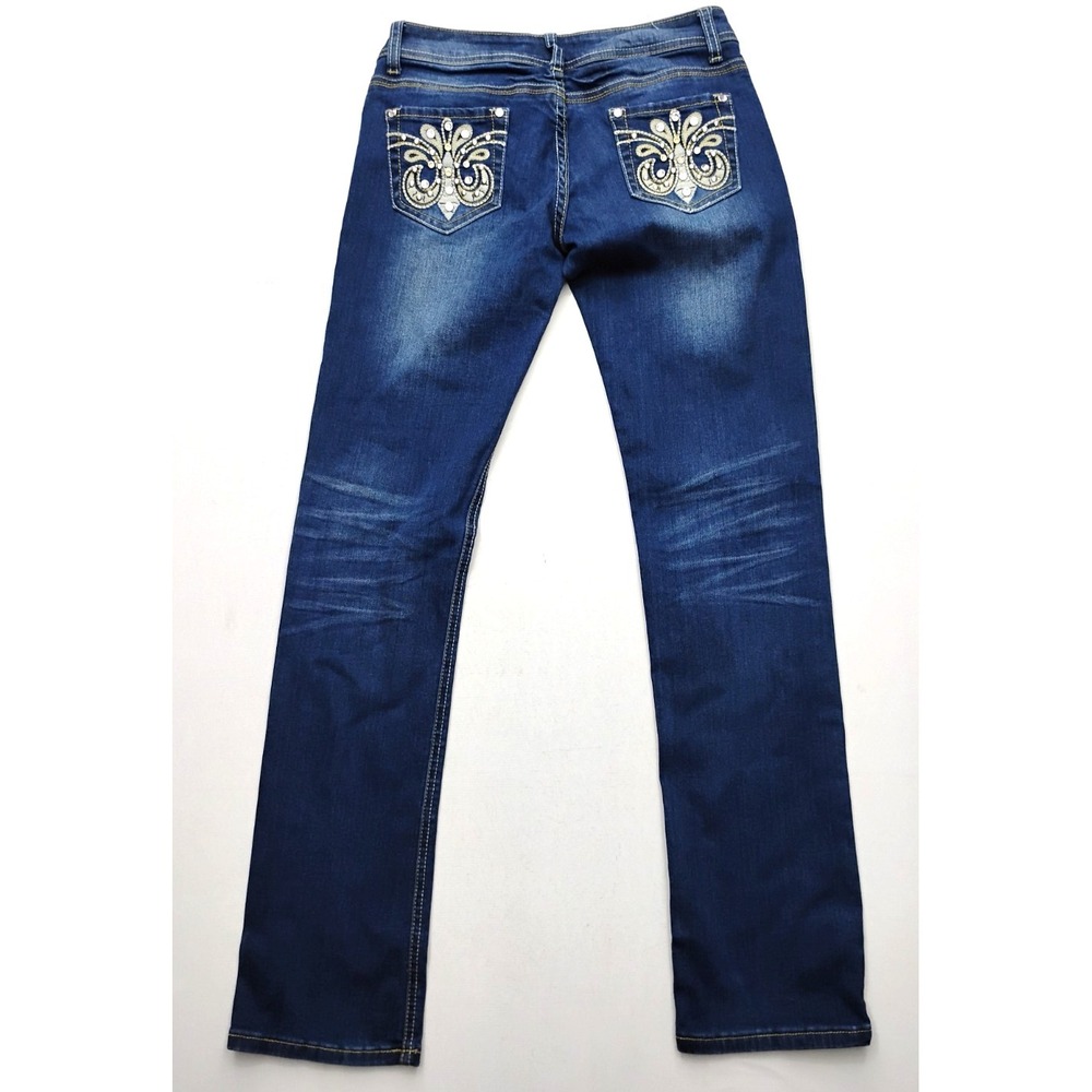 Liuce's Straight Denim Jeans Size 7 Embroidered Rhinestone Dark Wash Faded